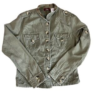 Jordache Vintage Y2K Military Style Olive Green Distressed Jacket, Juniors Large